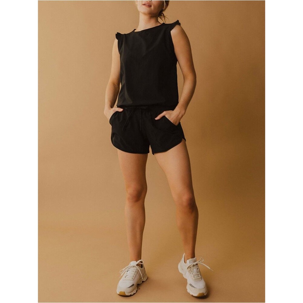 NWT Albion Fit Black Romper Medium Ruffle Sleeve Active Lounge One Piece Shorts